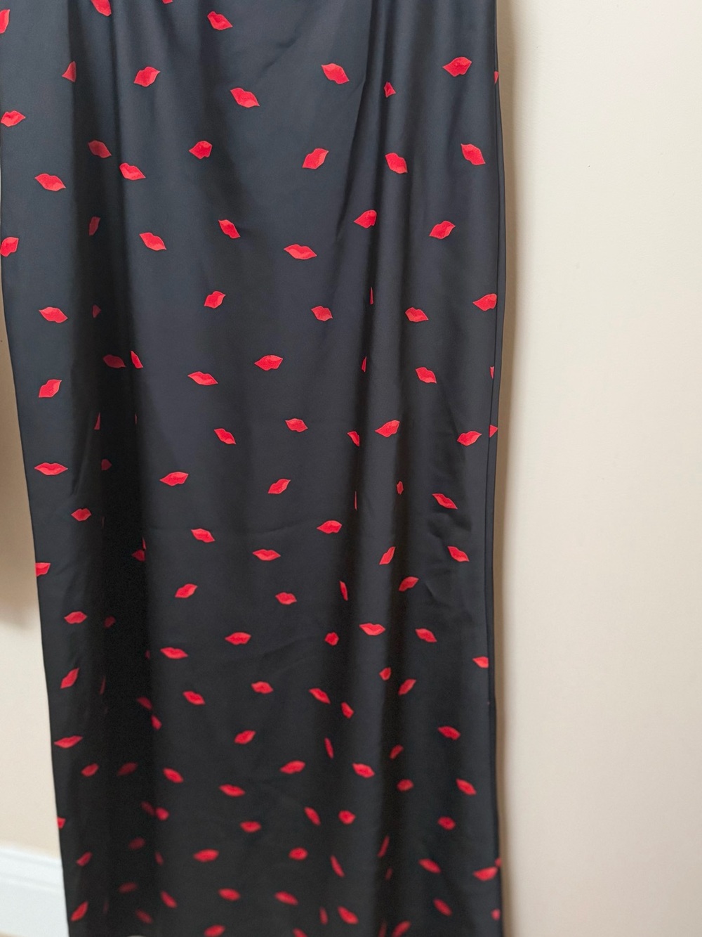 Black Satin Slip Skirt with Red Lip Print